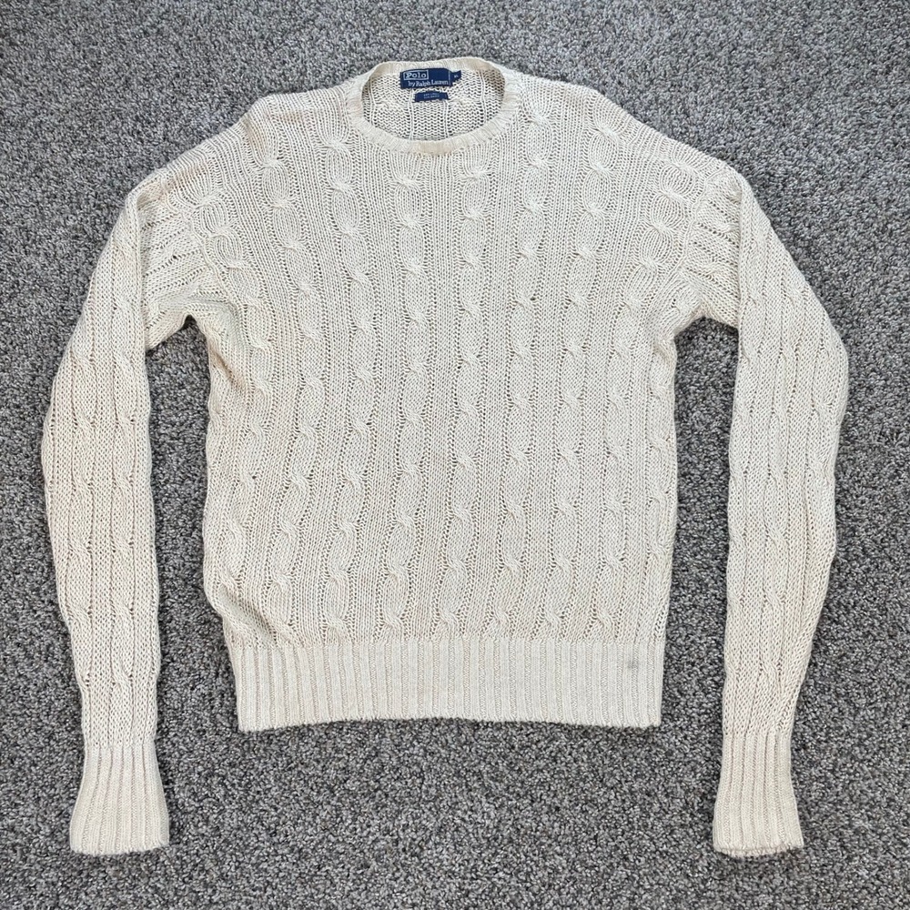 Vintage Polo Ralph Lauren Men's XL Cable Knit Sweater Cream White Linen Blend